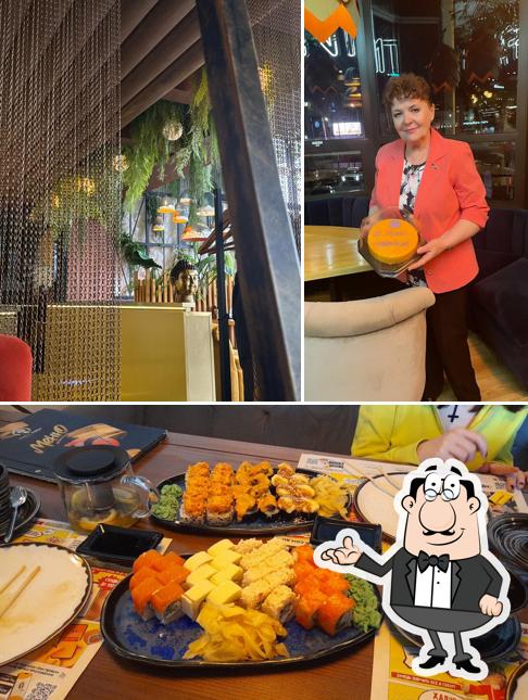 Взгляните на эту фотографию, где видны внутреннее оформление и еда в Мияги Рест