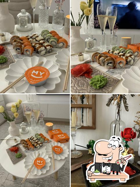 В "MYBOX - суши-маркетах, wok-кафе, доставка" подают суши и роллы