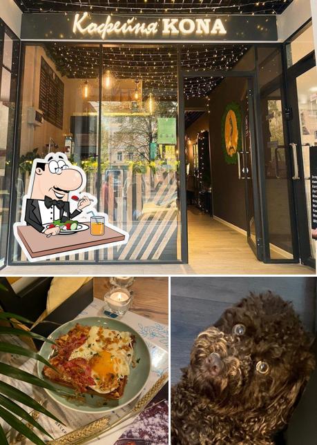 Это снимок, где изображены еда и внешнее оформление в Кофейня Кона