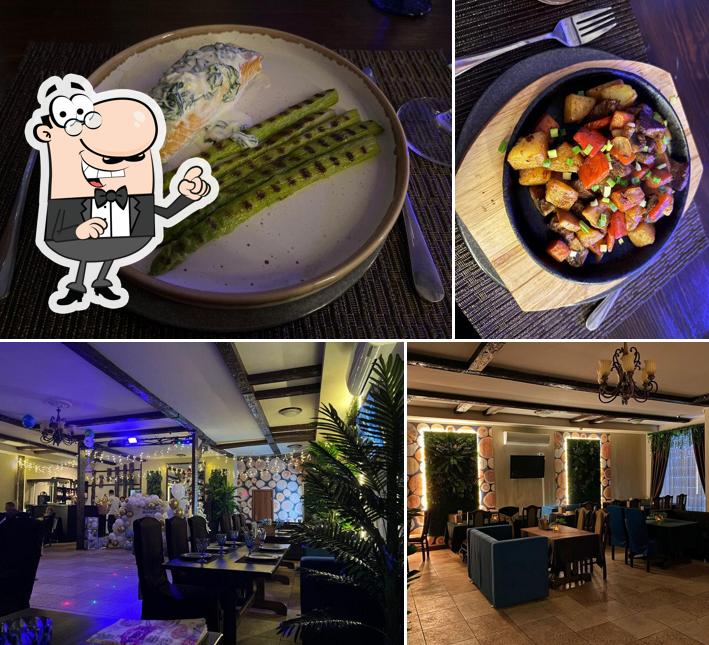 Это снимок, где изображены внутреннее оформление и еда в Суши-кафе Тако