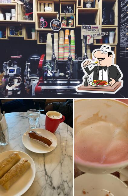 Взгляните на это изображение, где видны еда и напитки в Кофеварим