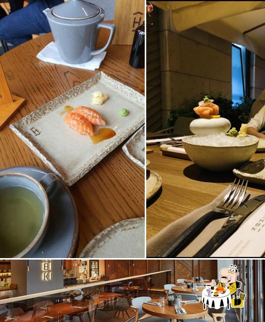 Снимок, на котором видны еда и внутреннее оформление в Hibiki