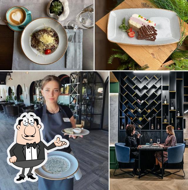 Снимок, на котором видны внутреннее оформление и еда в Веранда и вино